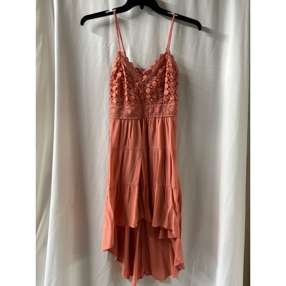 No Boundaries Womens Coral Pink Crochet  High-Low Tiered Boho Sun Dress L 11-13‎